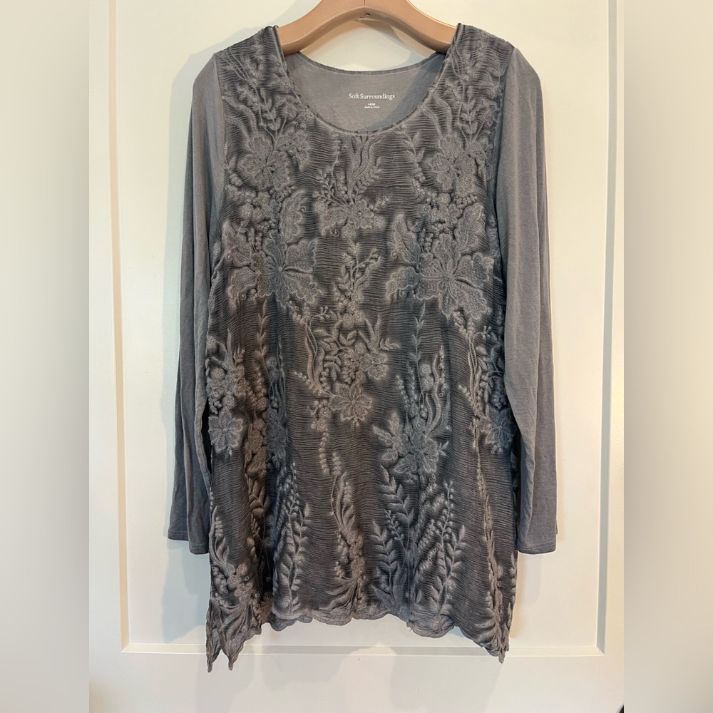Soft Surroundings Avellana Silk Tunic Gray Floral Embroidered Boho Chic Fairy L